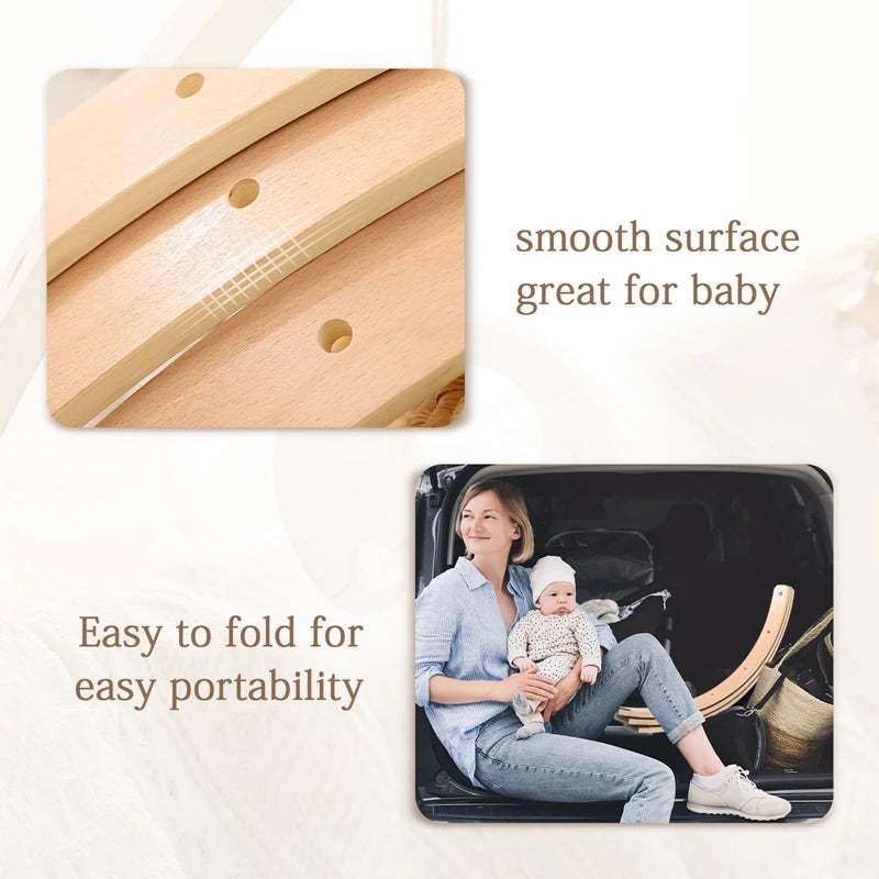 Close-up of a wooden surface with text "smooth surface great for baby." Below, a woman sits in a car with a baby and a portable wooden item; text reads "Easy to fold for easy portability."