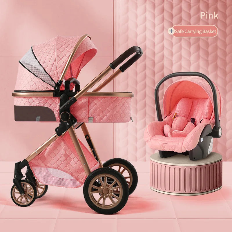 Pink baby stroller and car seat with a quilted design on a matching pink background. The stroller has gold accents and features a sign indicating a "Safe Carrying Basket."
