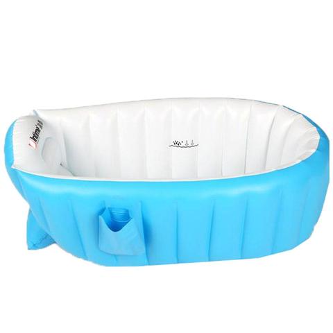 Blue and white inflatable bathtub with a cup holder on the side, featuring a comfortable, padded interior. The tub is suitable for indoor use, providing a portable bathing solution.