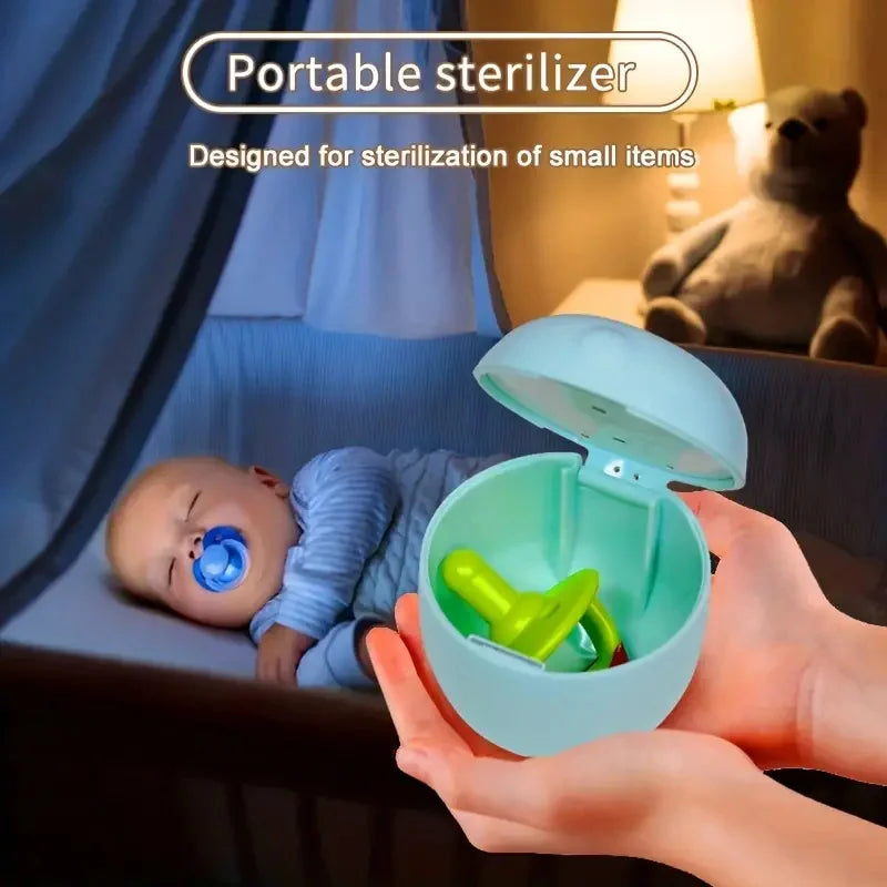 Blue portable sterilizer held in hands, containing a green pacifier. A sleeping baby with a blue pacifier rests in a dimly lit room, featuring a teddy bear and night lamp.