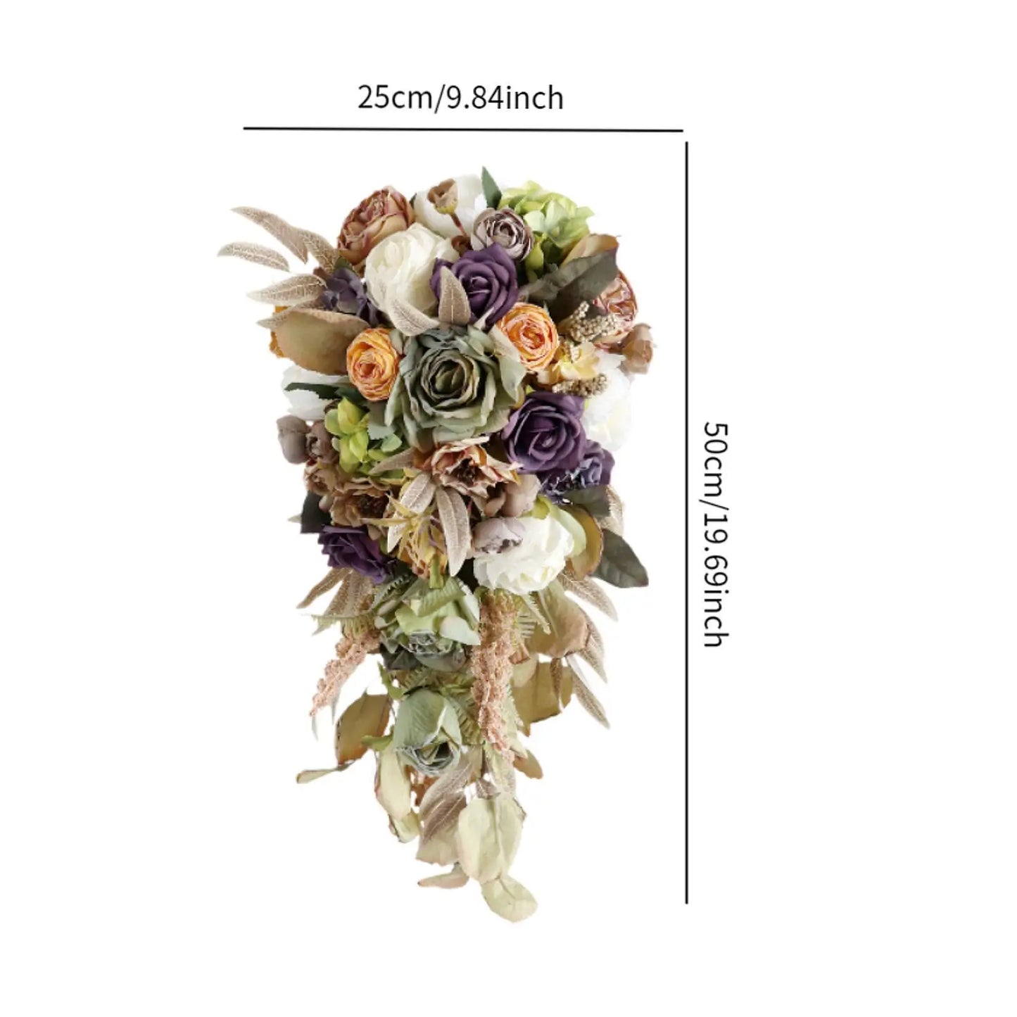 A cascading bouquet with mixed artificial flowers in purple, white, and peach tones, accented by green foliage. Dimensions are 25cm wide and 50cm long.