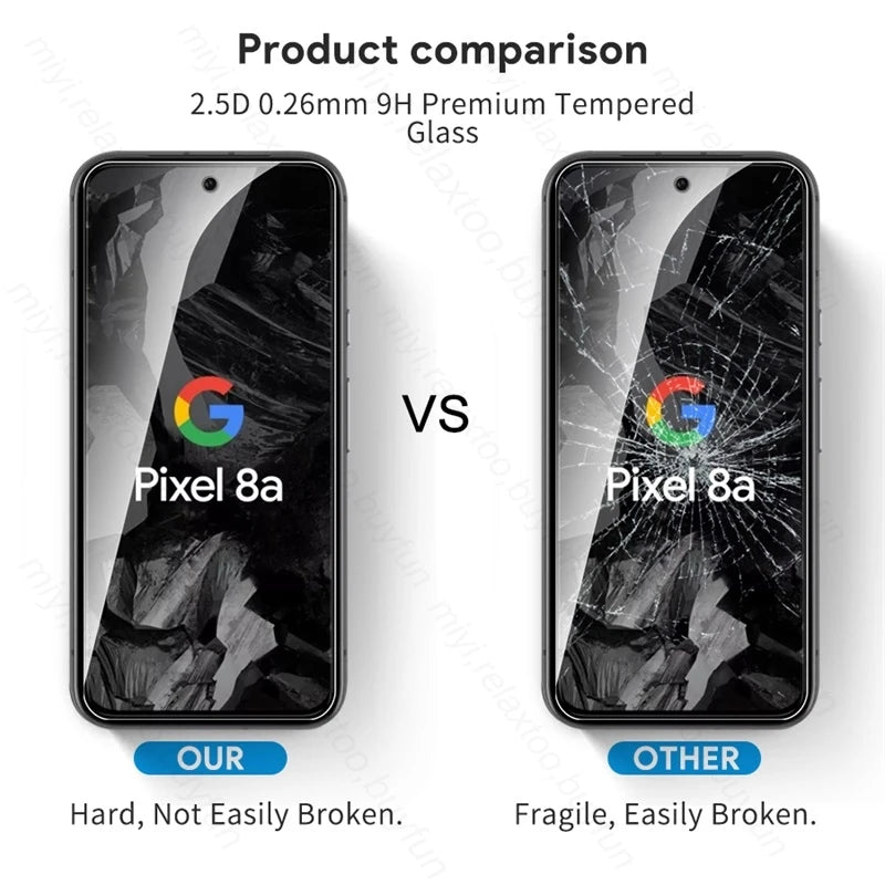Product comparison of two Pixel 8a phones. The left screen is undamaged with "Hard, Not Easily Broken." The right screen is cracked with "Fragile, Easily Broken."