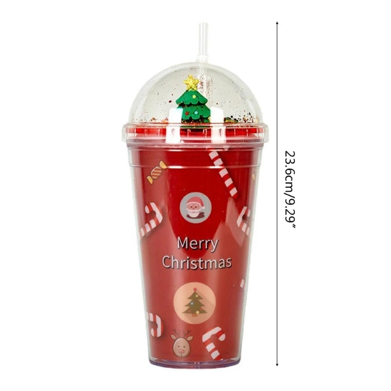 Red Christmas-themed tumbler with candy canes, Santa, and a reindeer motif. Clear dome lid with a small tree inside. Text reads "Merry Christmas." Height is 23.6cm.
