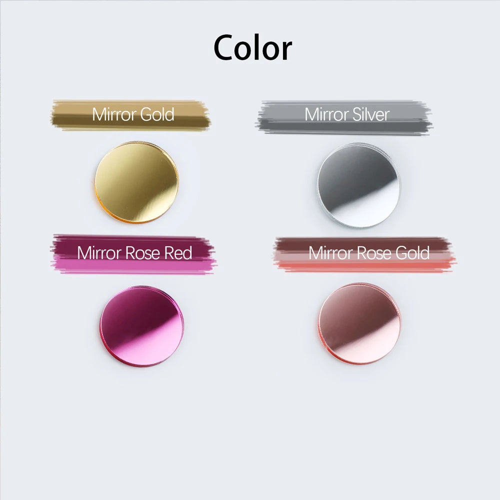 Four circular mirror-finish buttons in different colors: gold, silver, rose red, and rose gold. Each with a matching paint stroke label on a light background.