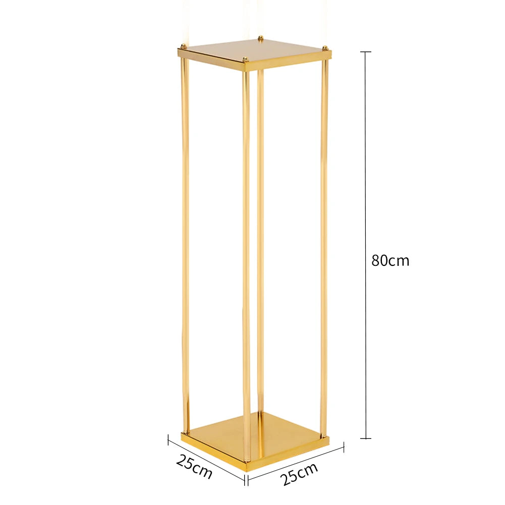 Tall gold metal stand with a square top and base, measuring 80cm in height and 25cm in both width and depth. The minimalist design features four slim posts.