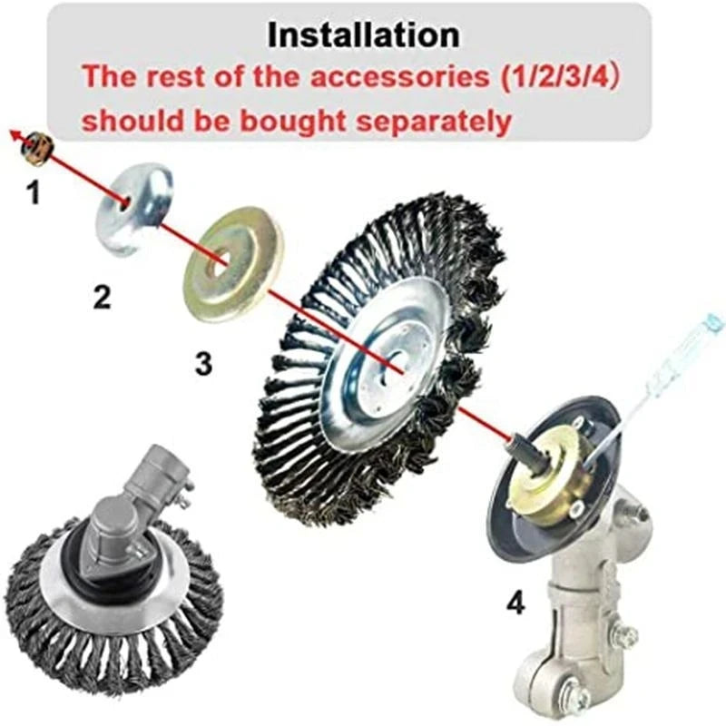 Diagram showing assembly of a wire brush attachment with labeled items: nut (1), metal washer (2), brush head (3), and angle grinder attachment (4). Note states accessories sold separately.