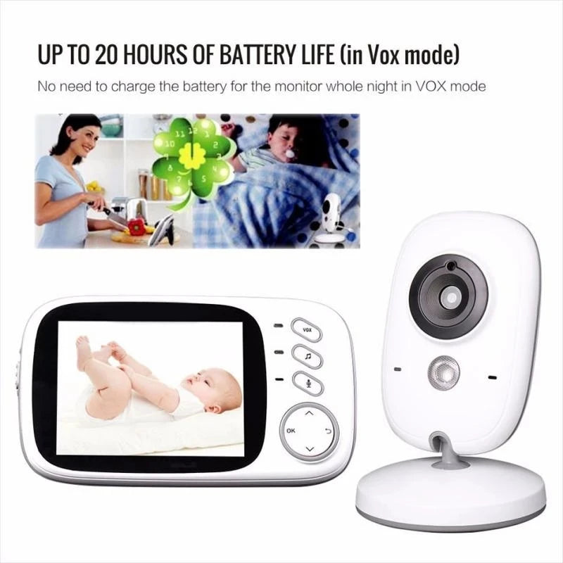 Baby monitor with camera and screen displaying a baby. Text highlights up to 20 hours of battery life in Vox mode. Image shows a parent in the kitchen with baby asleep remotely.