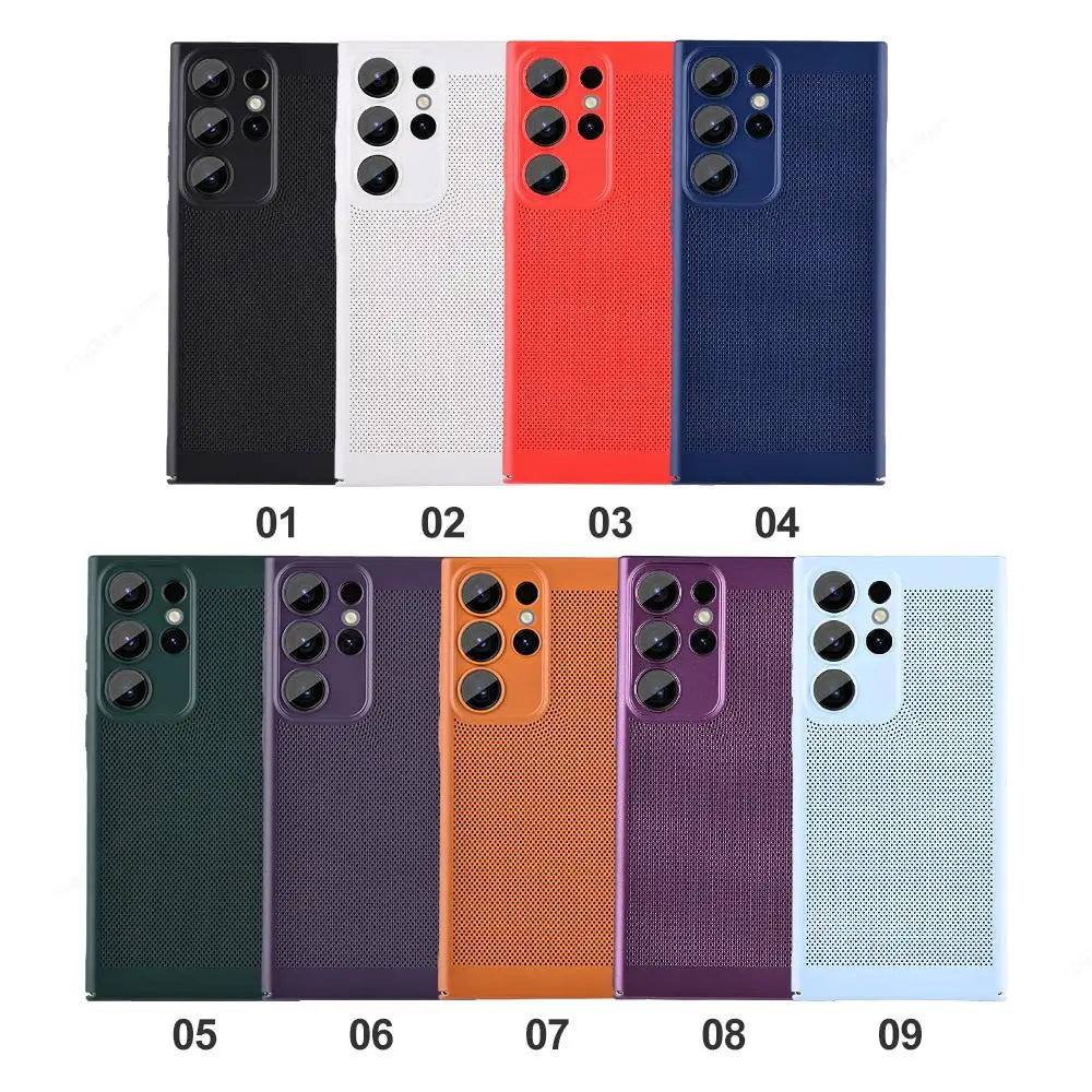Nine smartphone cases in various colors including black, white, red, and blue, with textured surfaces arranged in two rows, each numbered from 01 to 09.