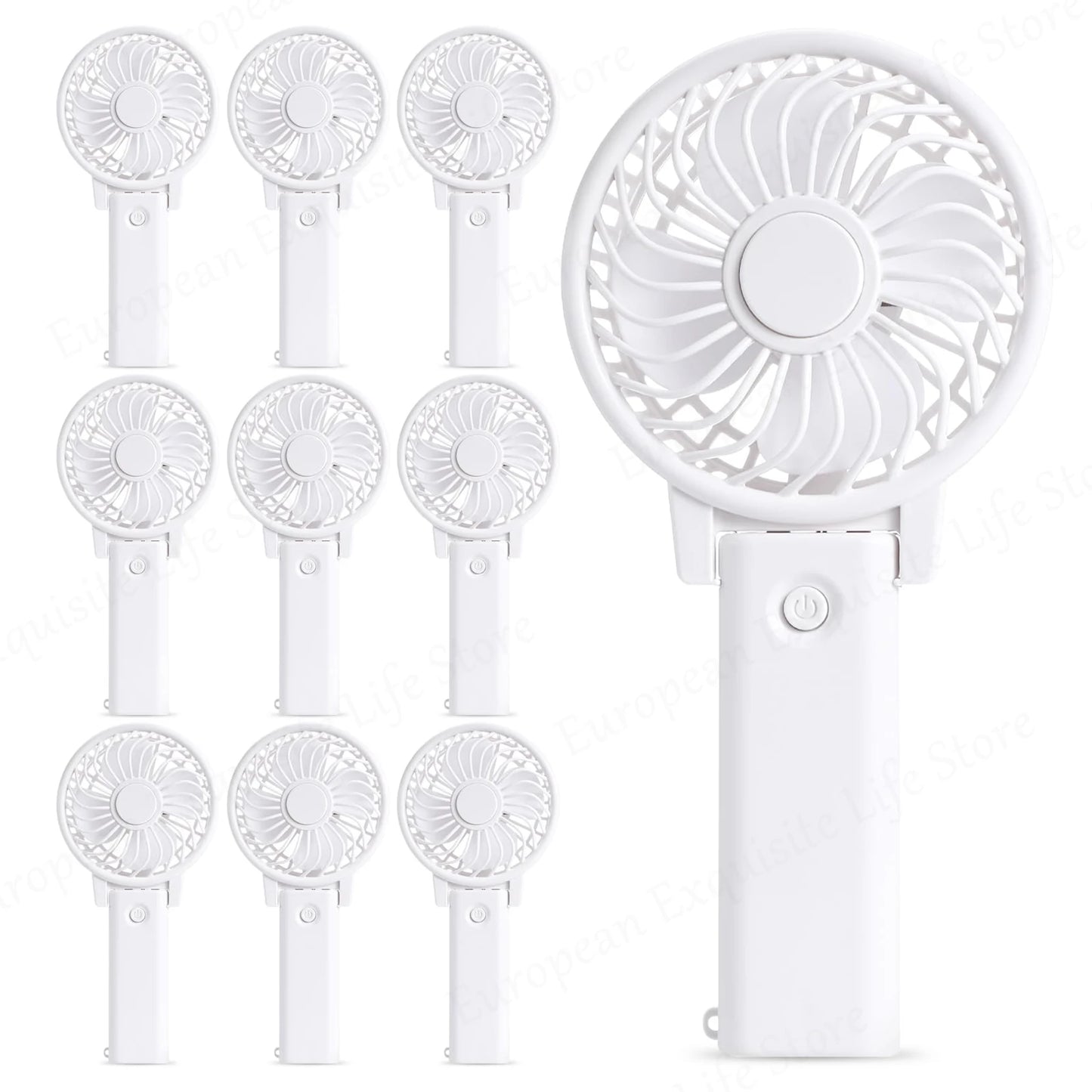 A collage of nine white handheld fans arranged in a grid, with one enlarged fan on the right. Each fan features a circular design with a power button on the handle.