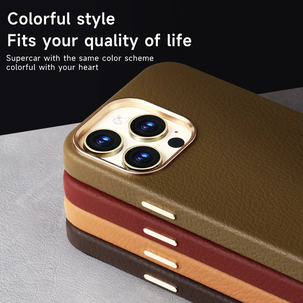 Stacked phone cases in olive, maroon, tan, and brown leather textures with gold accents. The background text reads: "Colorful style fits your quality of life."