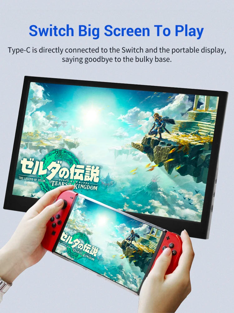 Hands holding a Nintendo Switch display a game, mirrored on a larger screen above. Text promotes easy Type-C connection for big screen play without a bulky base.