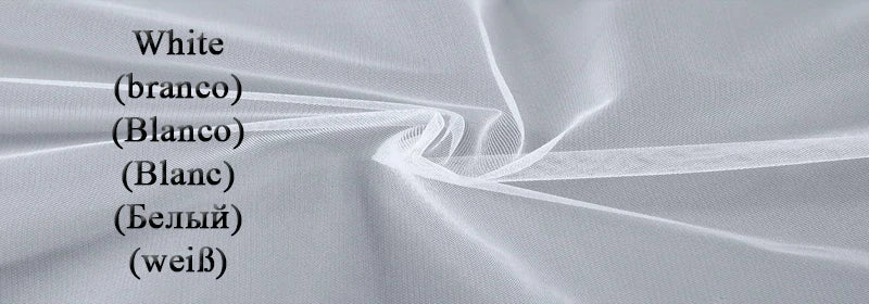 White sheer fabric with a swirl pattern is shown. The word "white" is displayed in six languages: English, Portuguese, Spanish, French, Russian, and German.