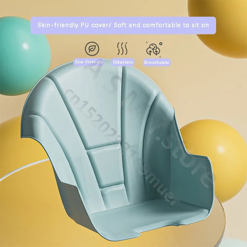 Gray ergonomic seat with a skin-friendly PU cover, noted for being eco-friendly, odorless, and breathable. Colorful balloons surround the seat on a beige background.