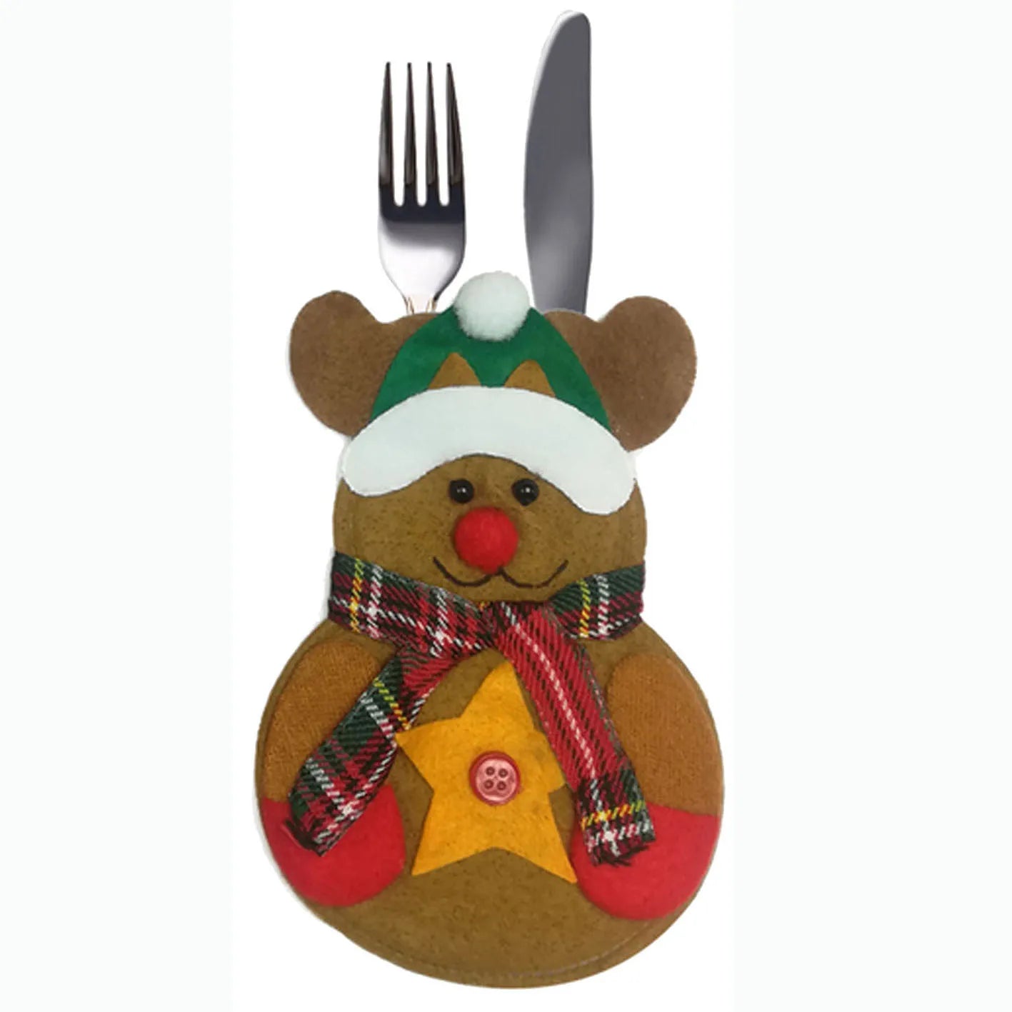 Festive reindeer cutlery holder with a felt design, featuring a red nose, green hat, plaid scarf, and a yellow star. Holds a fork and knife, adding a holiday touch to the table.