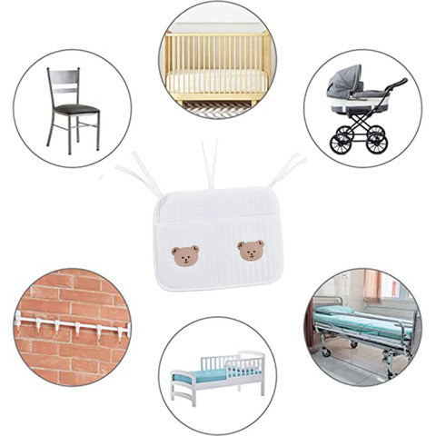 Baby bumper with teddy bear design in the center, surrounded by images of a chair, crib, stroller, wall, toddler bed, and hospital bed, showcasing usage versatility.