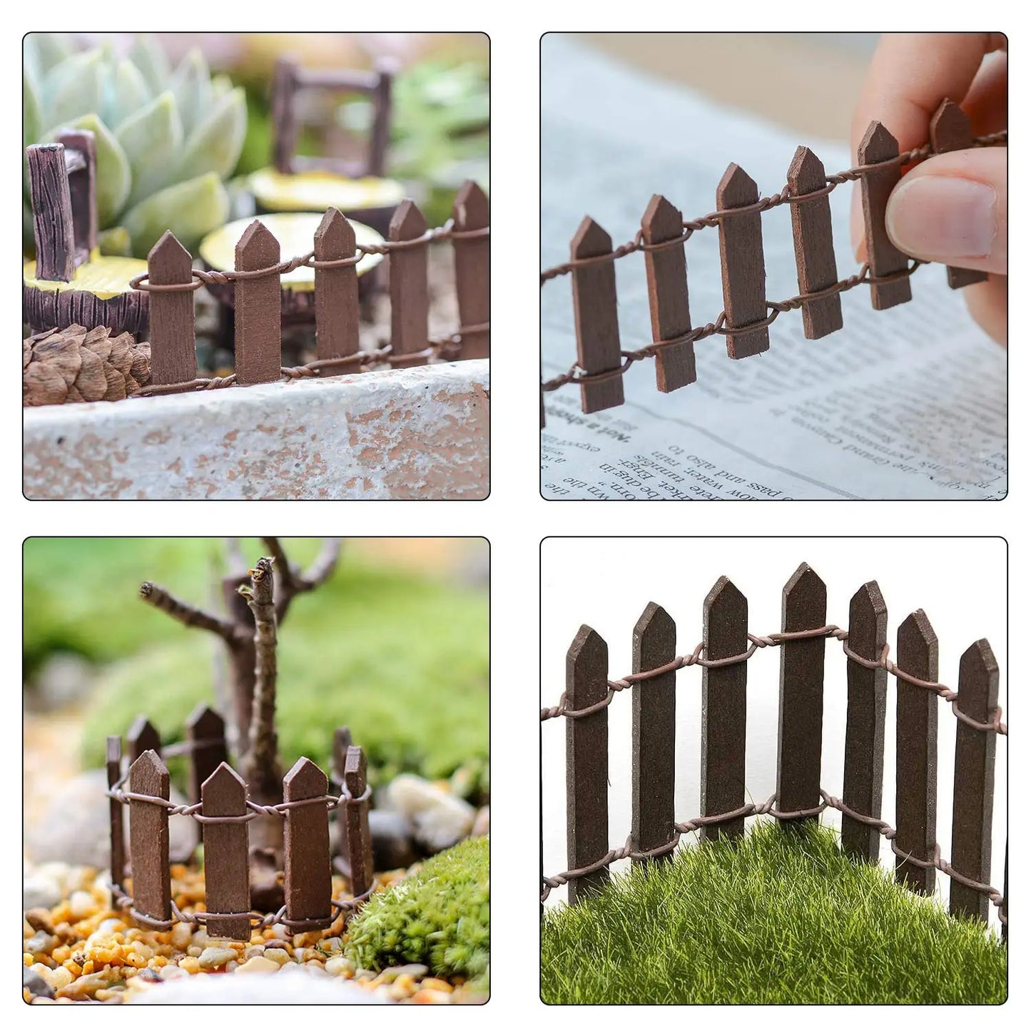 Four images of a mini wooden picket fence used for crafting or decorating small gardens. It surrounds succulents in a pot, a miniature landscape, and is being handled.