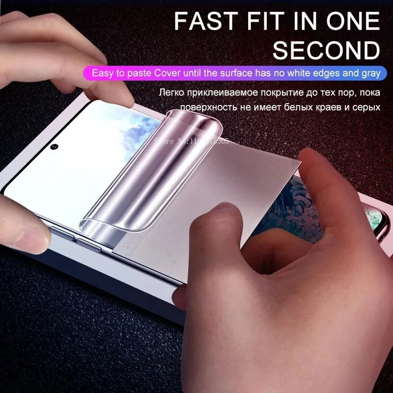 Hands applying a screen protector on a smartphone with text highlighting "Fast fit in one second" and instructions in English and Russian.