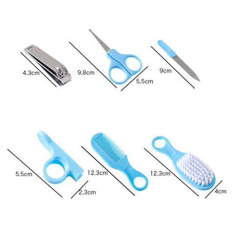 Baby grooming kit with size labels: silver nail clipper (4.3cm), blue safety scissors (9.8cm), nail file (9cm), finger brush (5.5cm), comb (12.3cm), and soft brush (12.3cm).