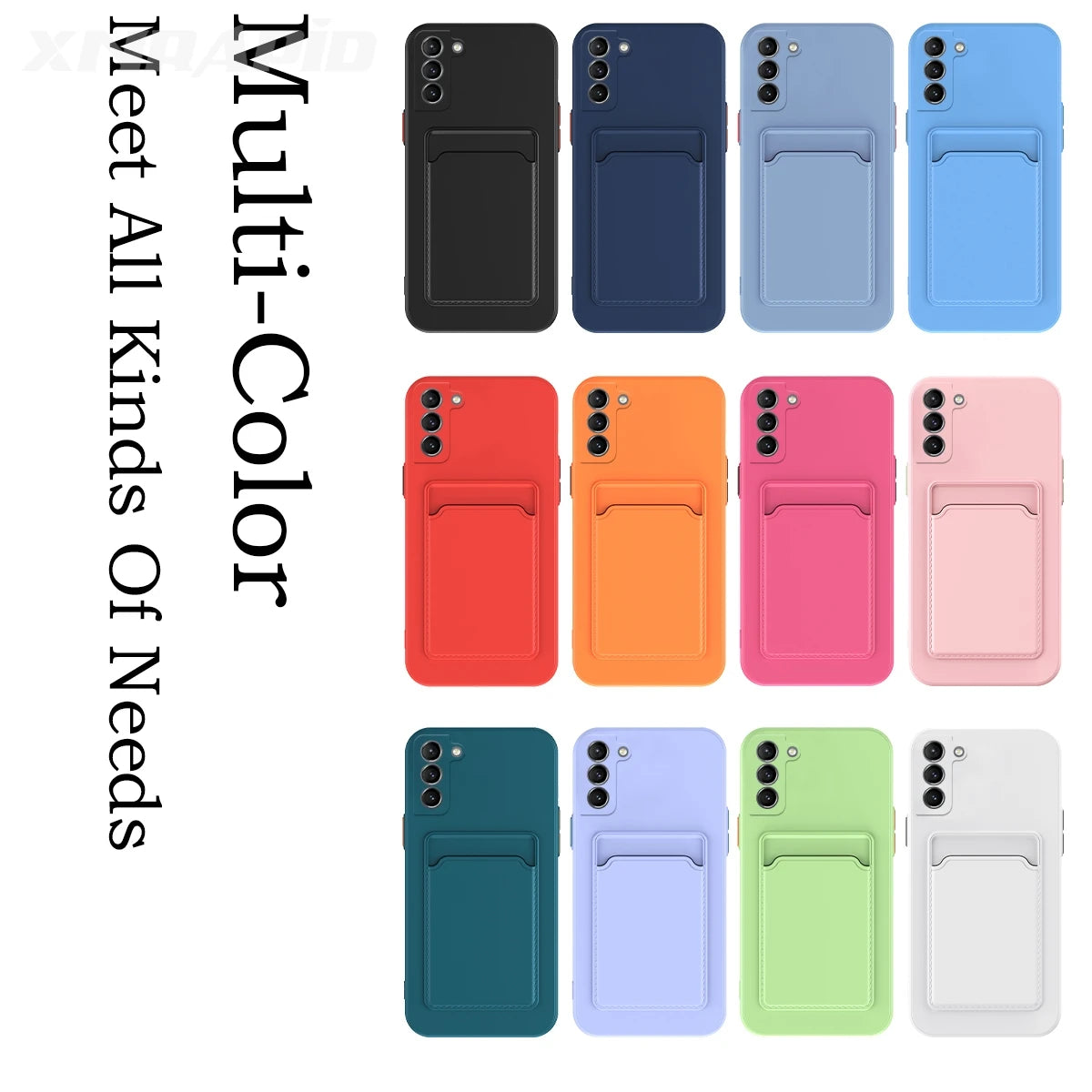 Twelve colorful phone cases with card holders are displayed in rows. Colors include black, blue, red, orange, pink, teal, and more. Text reads "Multi-Color Meet All Kinds Of Needs."