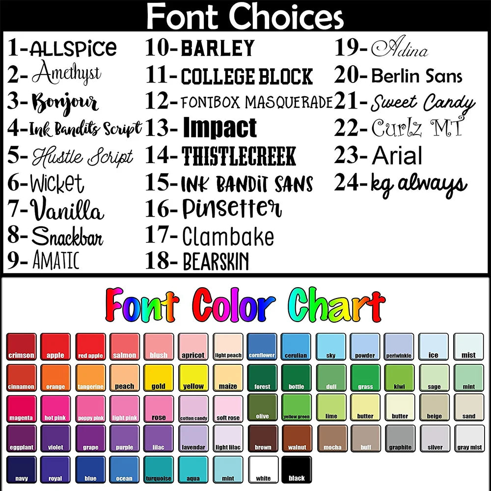 "Image shows a chart with 24 font choices like 'AllSpice' and 'Impact,' and a color chart featuring various hues like 'crimson,' 'turquoise,' and 'mint,' labeled 'Font Color Chart.'"