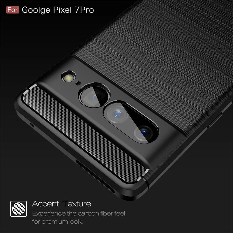 Close-up of a Pixel 7 Pro case with carbon fiber texture, showcasing dual camera cutouts and accent design for a premium feel. Text reads: "Accent Texture. Experience the carbon fiber feel."