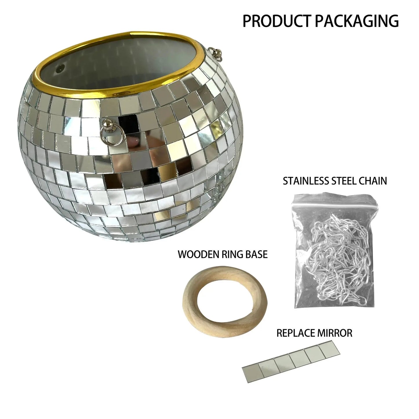 A product packaging image showing a disco ball planter with mirrored tiles, a stainless steel chain, a wooden ring base, and a replacement mirror strip against a white background.
