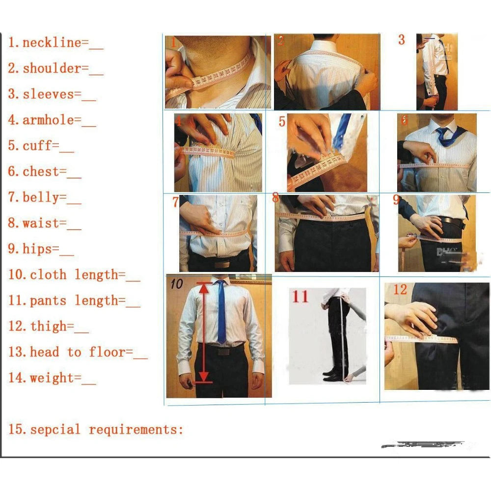 Instructions for measuring men's clothing. Includes taking measurements for neckline, shoulder, sleeves, armhole, cuff, chest, belly, waist, hips, length, thigh, and head to floor.