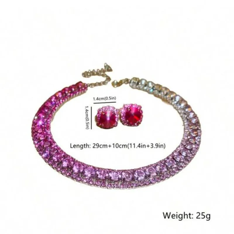 Pink and silver gradient rhinestone necklace with matching earrings, 29cm + 10cm length, 1.4cm diameter earrings, total weight 25g.