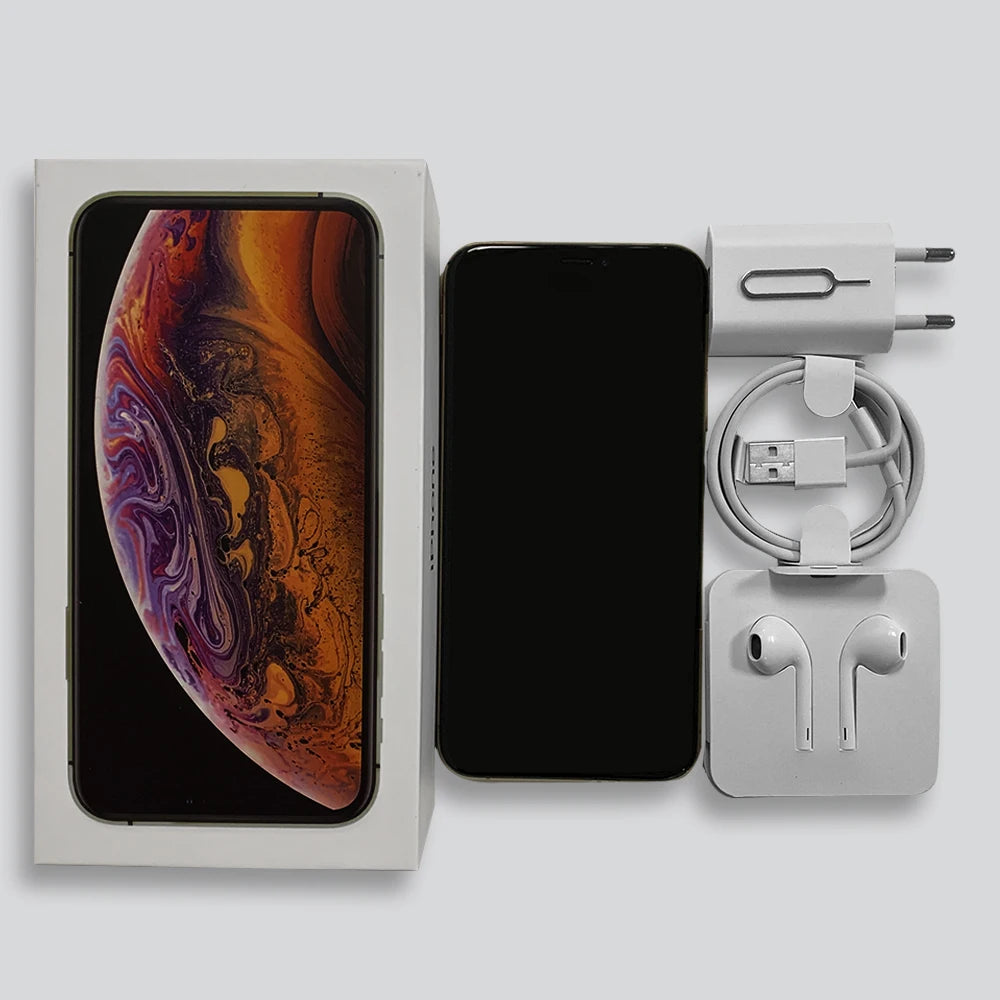 Smartphone with a vibrant screen design, placed beside its open box. Accessories include a charging plug, USB cable, and white earphones, all neatly arranged on a gray background.