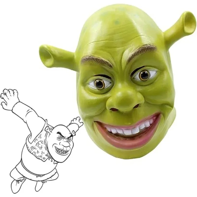 A large green ogre mask with a smiling face and pointed ears, alongside a small, black-and-white cartoon drawing of the same ogre playfully jumping with outstretched arms.