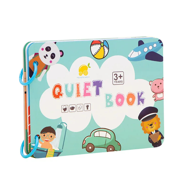 Colorful toddler quiet book cover with playful illustrations including a panda, plane, bath, car, and a lion. Recommended for ages 3 and up.