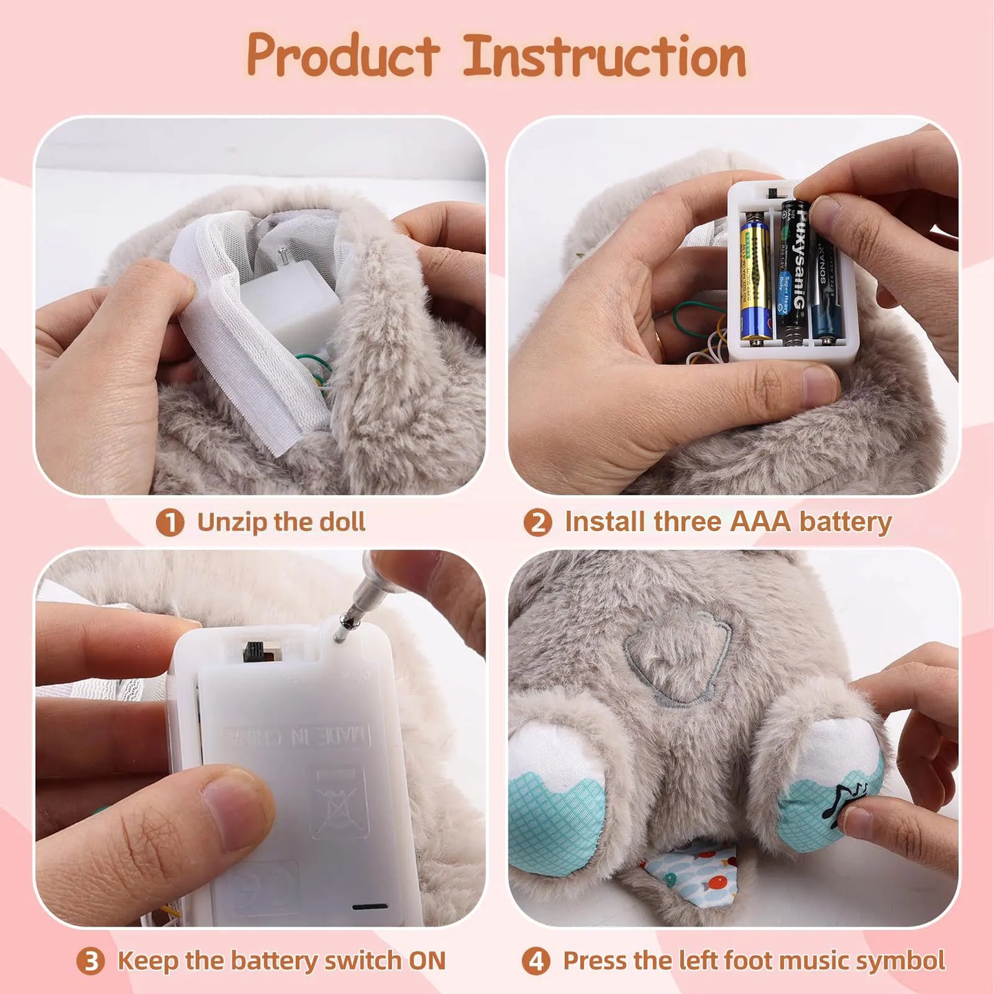 Instructions for a plush toy: unzip it, insert three AAA batteries, switch on the battery pack, and press the left foot with a music symbol to activate sound.