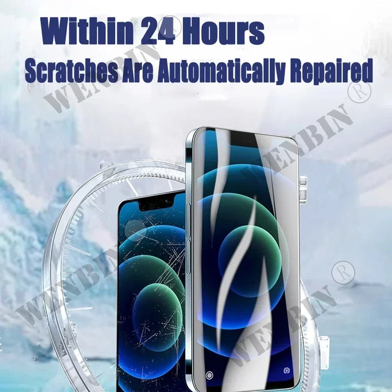 Smartphone with a reflective screen protector, showing an automatic scratch repair feature advertised with text: "Within 24 Hours Scratches Are Automatically Repaired."