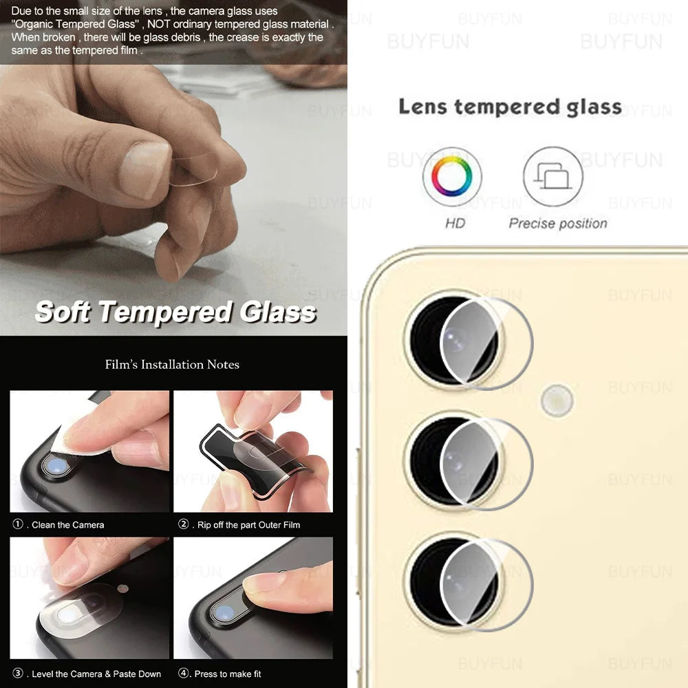 Soft tempered glass screen for phone camera lenses showing installation steps: cleaning the lens, removing outer film, placing the protector, and pressing to fit securely.