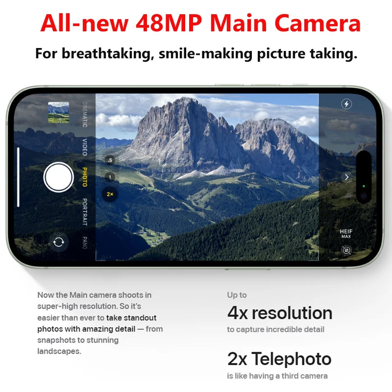 Smartphone displaying a landscape photo of mountains, showcasing the new 48MP main camera. Text highlights 4x resolution and 2x telephoto features for detailed images.