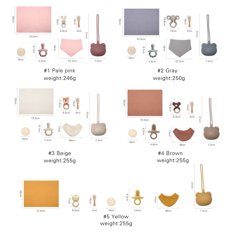 A product comparison chart of baby gift sets in five colors: pale pink, gray, beige, brown, and yellow. Each set includes a blanket, teether, pacifier, and more, with measurements.