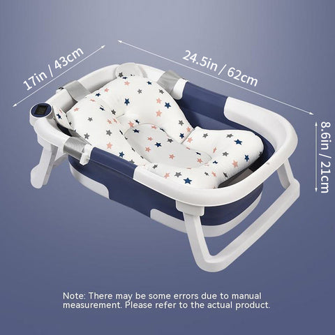 A blue and white baby bathtub with a star-patterned cushion, featuring foldable legs and dimensions of 24.5x17x8.6 inches. Note on potential measurement errors included.