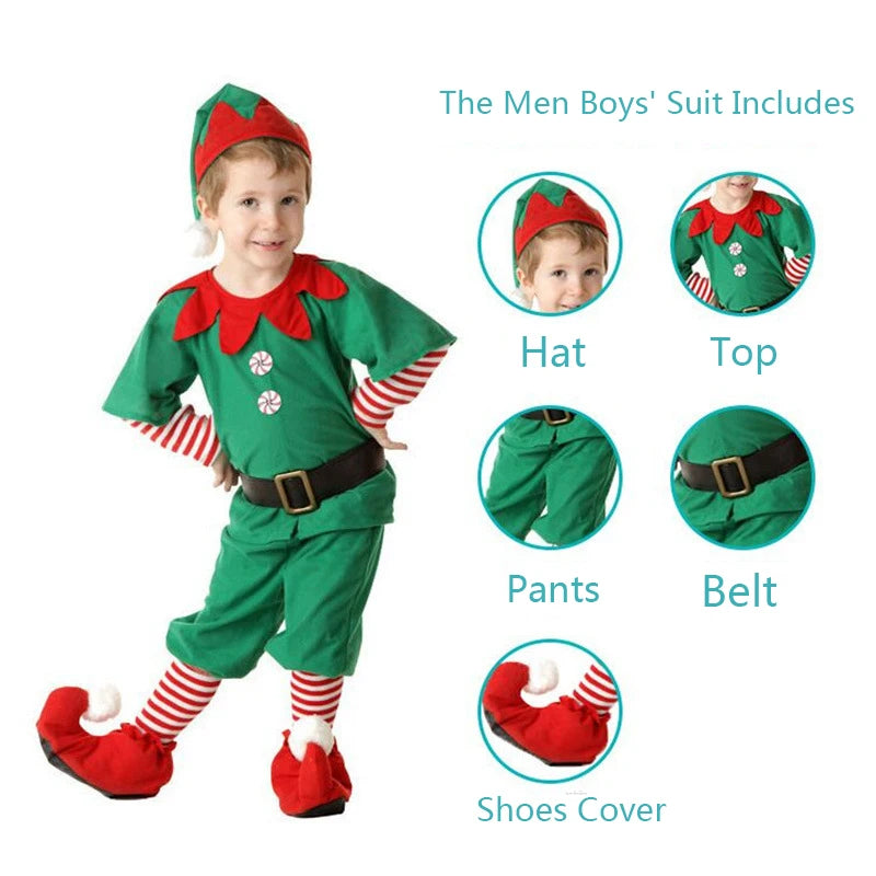 Child dressed in a green elf costume featuring a hat, striped sleeves, decorative top, pants, belt, and red shoes. The outfit components are highlighted with circular insets.
