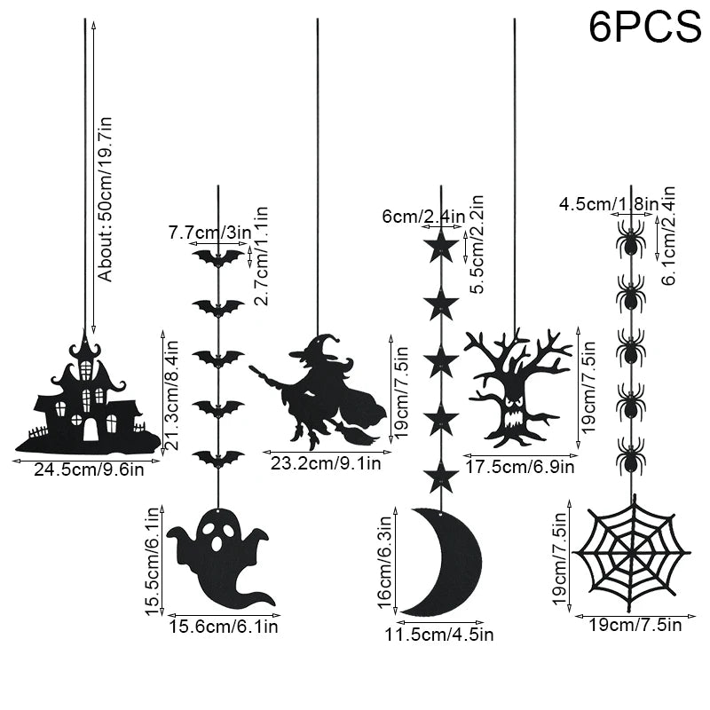 Six hanging Halloween decorations are shown with measurements in centimeters and inches. Designs include a haunted house, bats, witch on a broomstick, stars, spooky tree, ghost, crescent moon, spiders, and a spider web. Each piece has a detailed height and width dimension.