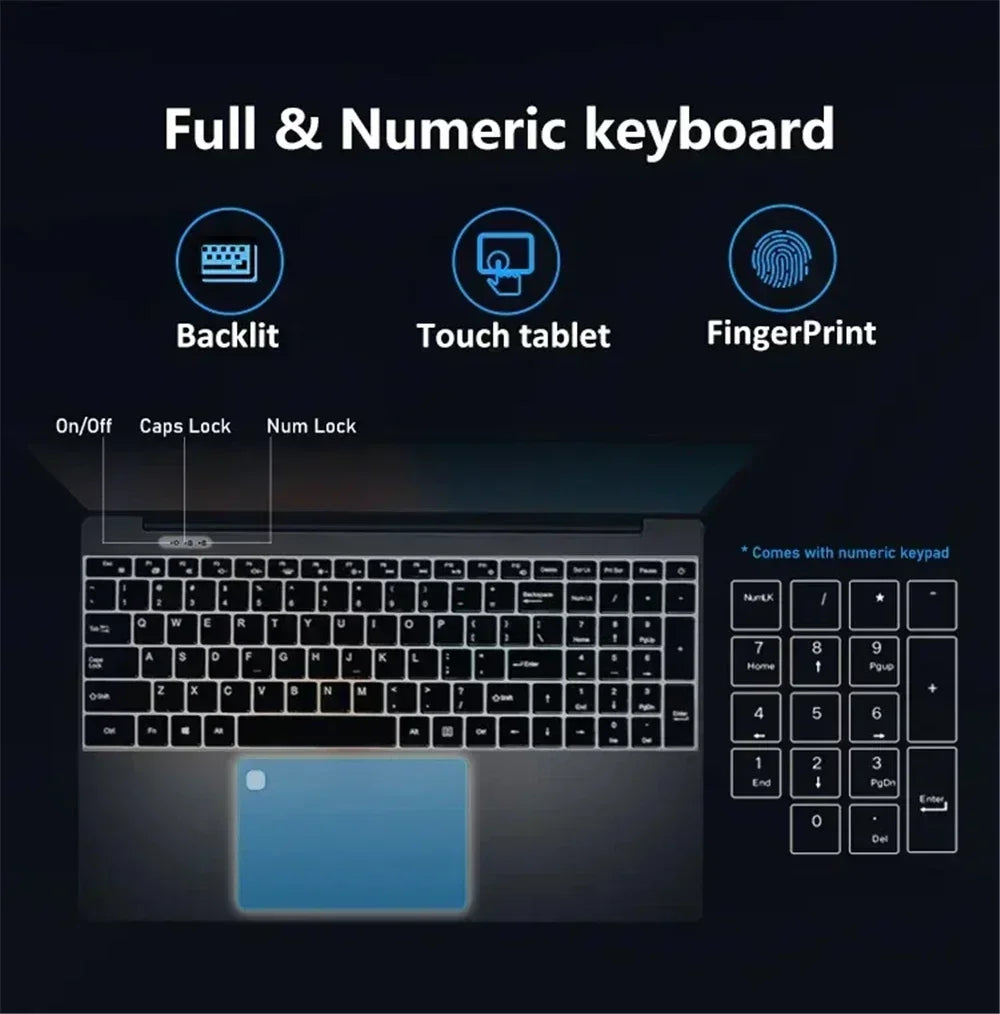 Laptop with backlit full and numeric keyboard. Features include a touch tablet and fingerprint sensor. Highlighted keys: On/Off, Caps Lock, Num Lock. Includes a separate numeric keypad.