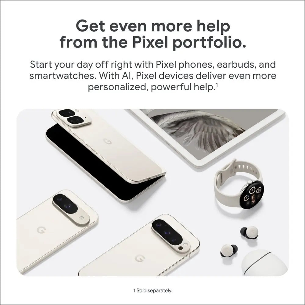Google Pixel portfolio ad showing a collection of devices: a smartphone, foldable phone, earbuds, smartwatch, and tablet on a white background. Text highlights AI personalization.