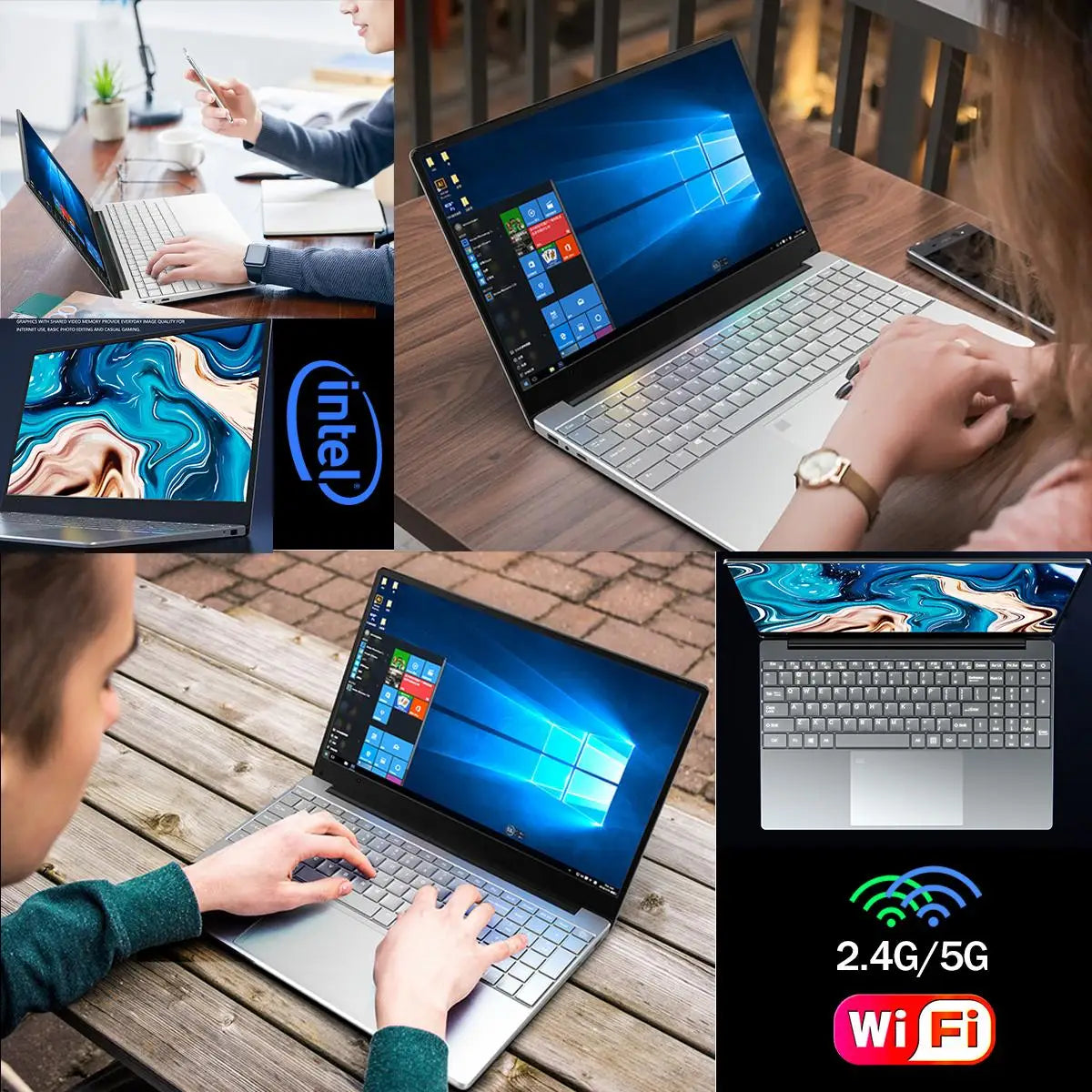 Collage of a silver laptop with Windows on screen, shown in various settings including desk and outdoor table. Features Intel logo, WiFi icon, and artistic wallpaper.