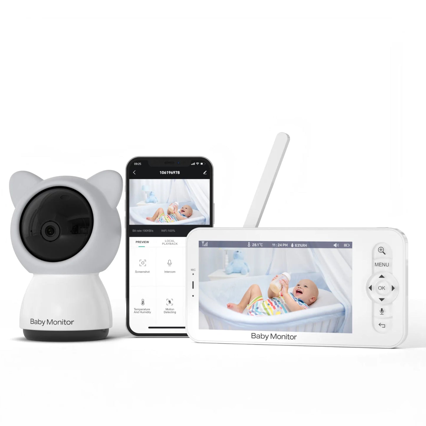 Baby monitor with a cute cat-ear design camera, smartphone app showing a baby in a crib, and a handheld screen displaying the same image.
