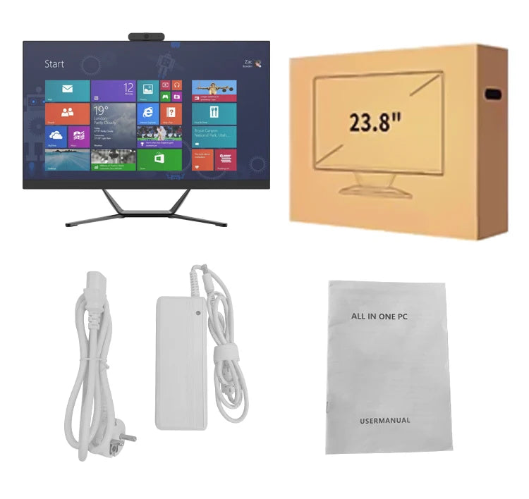23.8-inch all-in-one PC with screen displaying a colorful interface, a cardboard box, power cable, adapter, and a user manual.