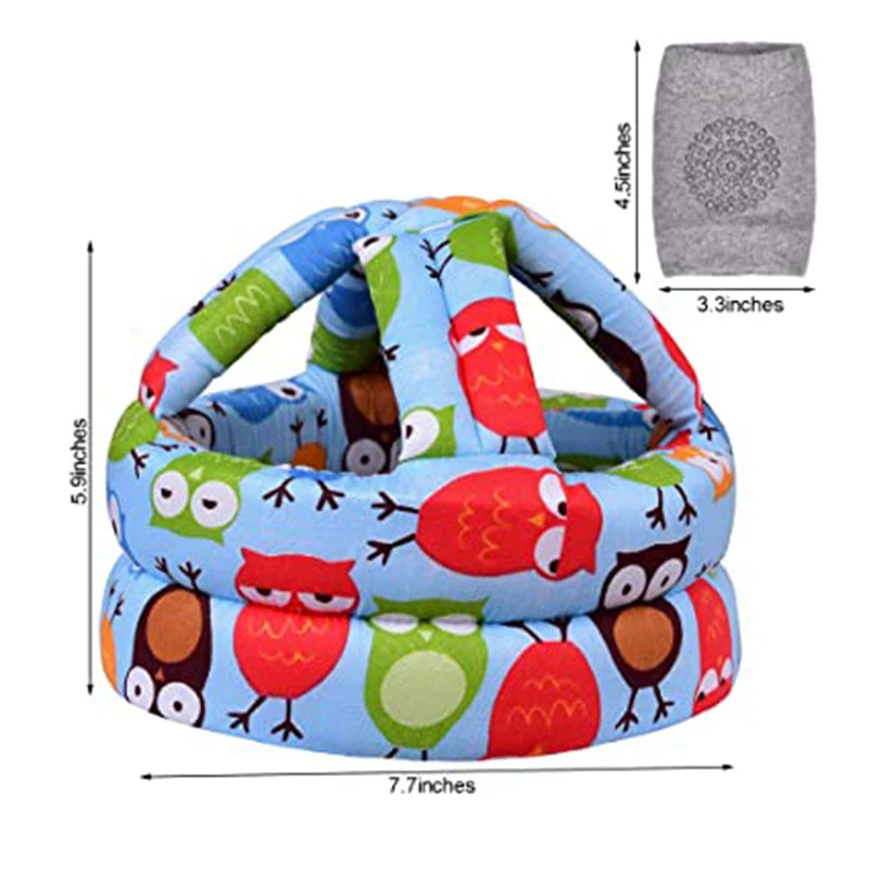 Colorful baby head protector with owl patterns, measuring 7.7 inches by 5.9 inches. Includes a removable gray cushion, 4.5 inches tall, 3.3 inches wide.