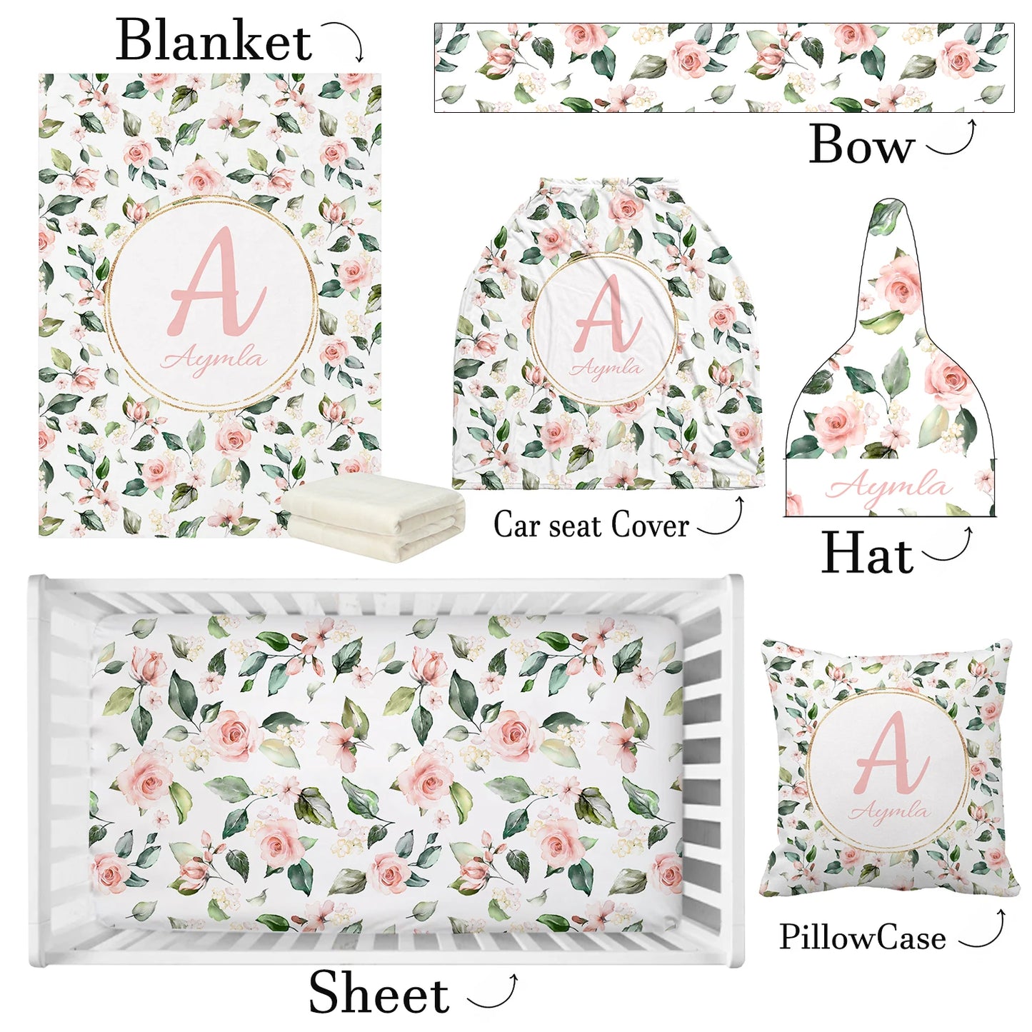 Floral baby set featuring a blanket, car seat cover, hat, pillowcase, bow, and crib sheet with pink roses and green leaves, personalized with the name "Aymla" and an "A" monogram.