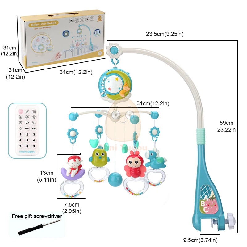 Colorful baby crib mobile with animal and heart-shaped toys, a remote control, and a screwdriver. The mobile measures 59cm high, with other dimensions noted on the image.