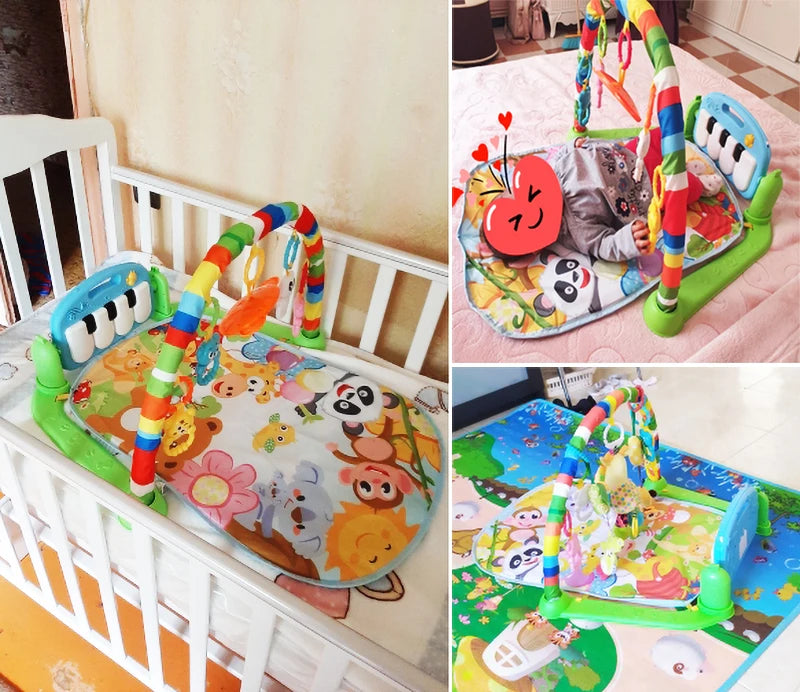 A colorful baby play gym with animal-themed mat and toys, featuring a piano keyboard, shown in a crib, on a bed with a child, and on a blue playmat with playful designs.