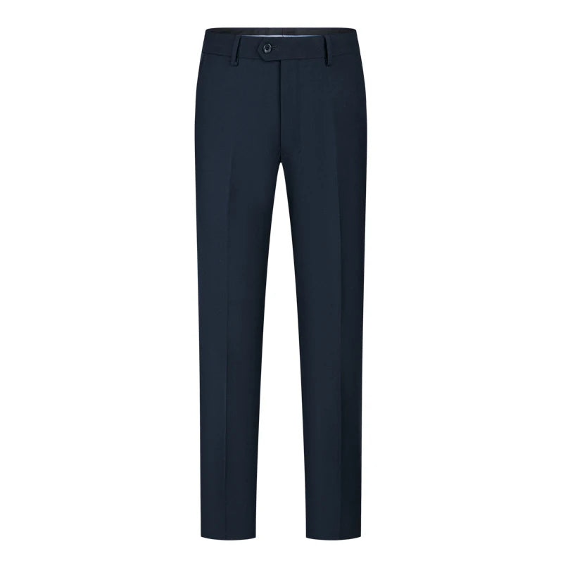 Dark navy formal trousers with a straight fit, button closure, and belt loops, suitable for professional or formal settings.