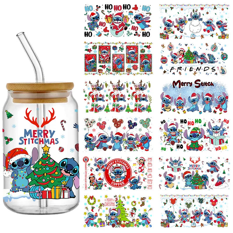 Festive jar with "Merry Stitchmas" and various holiday-themed illustrations of a blue character in Santa hats, surrounding a Christmas tree, gifts, and decorations.